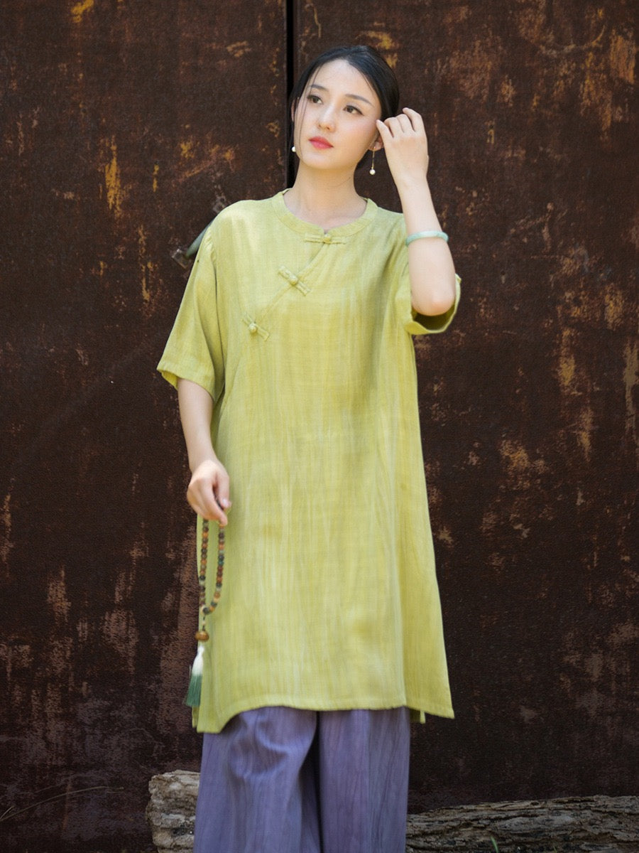 Tao One Tech™ • Zen Qigong Tea Cheongsam Robe Dress • Gradient Tie Dye • Sunscreen Layer • All Season Layer • Chinoiserie • Tencel Lyocell Linen