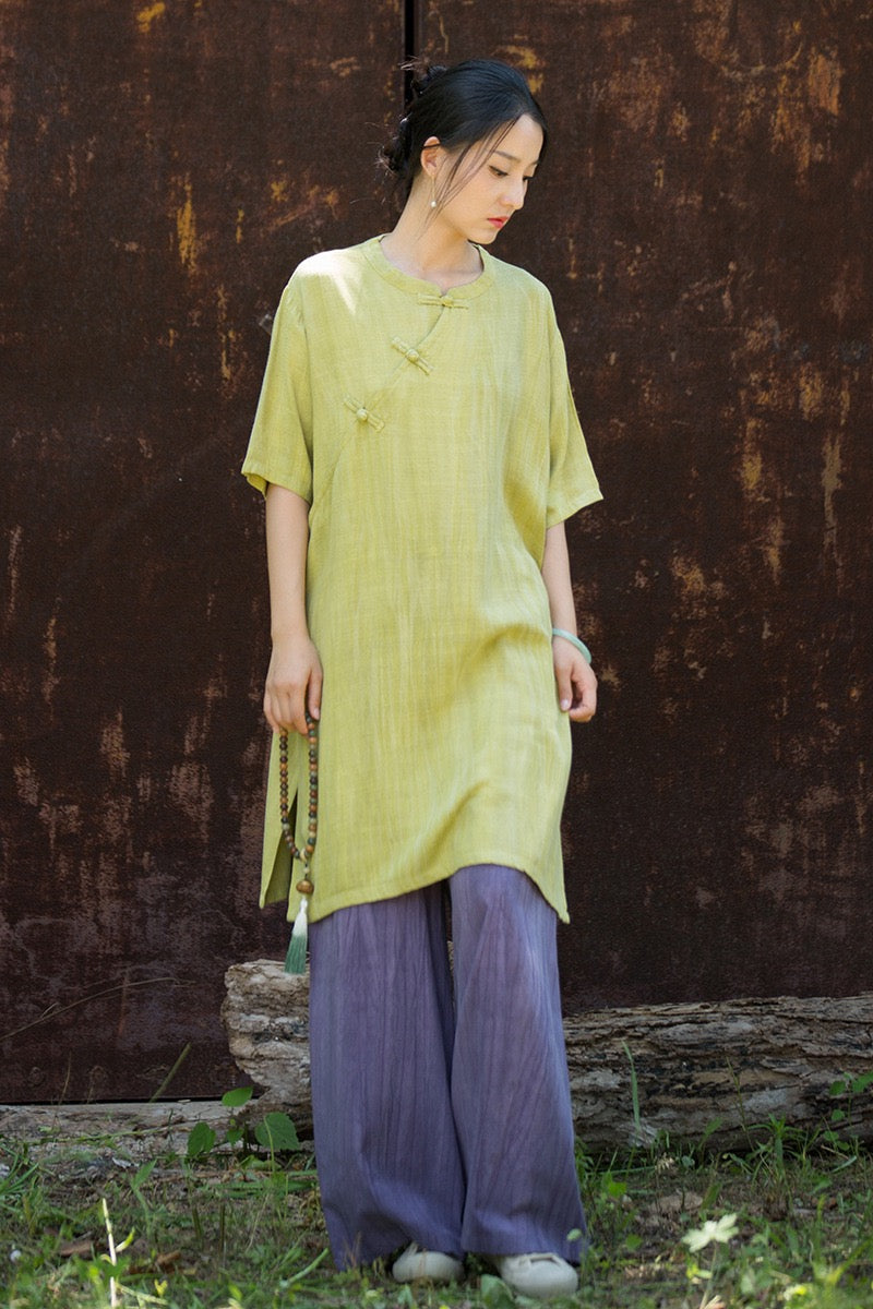 Tao One Tech™ • Zen Qigong Tea Cheongsam Robe Dress • Gradient Tie Dye • Sunscreen Layer • All Season Layer • Chinoiserie • Tencel Lyocell Linen