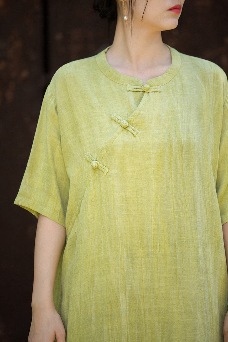 Tao One Tech™ • Zen Qigong Tea Cheongsam Robe Dress • Gradient Tie Dye • Sunscreen Layer • All Season Layer • Chinoiserie • Tencel Lyocell Linen