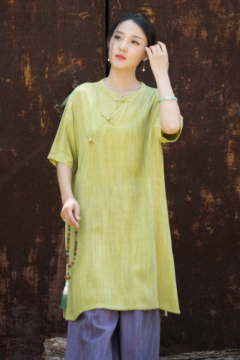 Tao One Tech™ • Zen Qigong Tea Cheongsam Robe Dress • Gradient Tie Dye • Sunscreen Layer • All Season Layer • Chinoiserie • Tencel Lyocell Linen