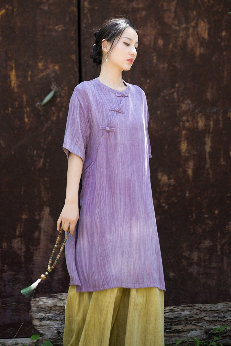 Tao One Tech™ • Zen Qigong Tea Cheongsam Robe Dress • Gradient Tie Dye • Sunscreen Layer • All Season Layer • Chinoiserie • Tencel Lyocell Linen
