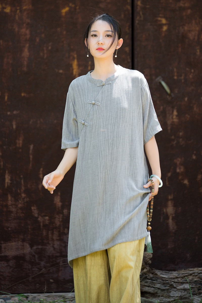 Tao One Tech™ • Zen Qigong Tea Cheongsam Robe Dress • Gradient Tie Dye • Sunscreen Layer • All Season Layer • Chinoiserie • Tencel Lyocell Linen