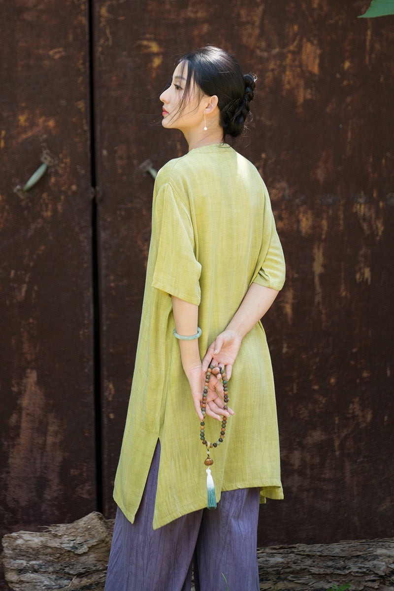 Tao One Tech™ • Zen Qigong Tea Cheongsam Robe Dress • Gradient Tie Dye • Sunscreen Layer • All Season Layer • Chinoiserie • Tencel Lyocell Linen