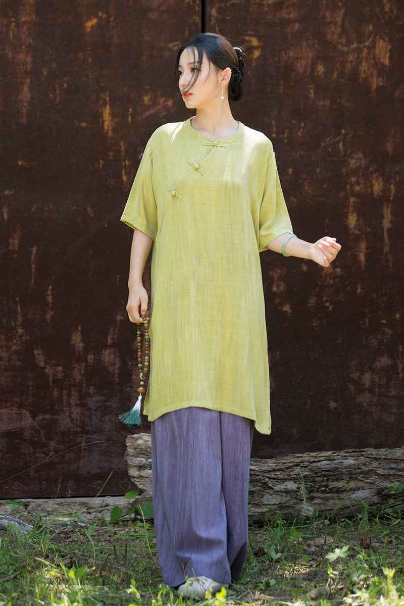 Tao One Tech™ • Zen Qigong Tea Cheongsam Robe Dress • Gradient Tie Dye • Sunscreen Layer • All Season Layer • Chinoiserie • Tencel Lyocell Linen