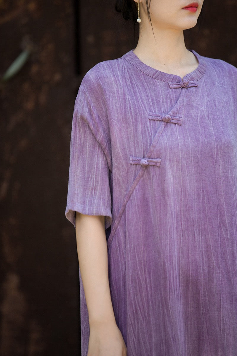 Tao One Tech™ • Zen Qigong Tea Cheongsam Robe Dress • Gradient Tie Dye • Sunscreen Layer • All Season Layer • Chinoiserie • Tencel Lyocell Linen