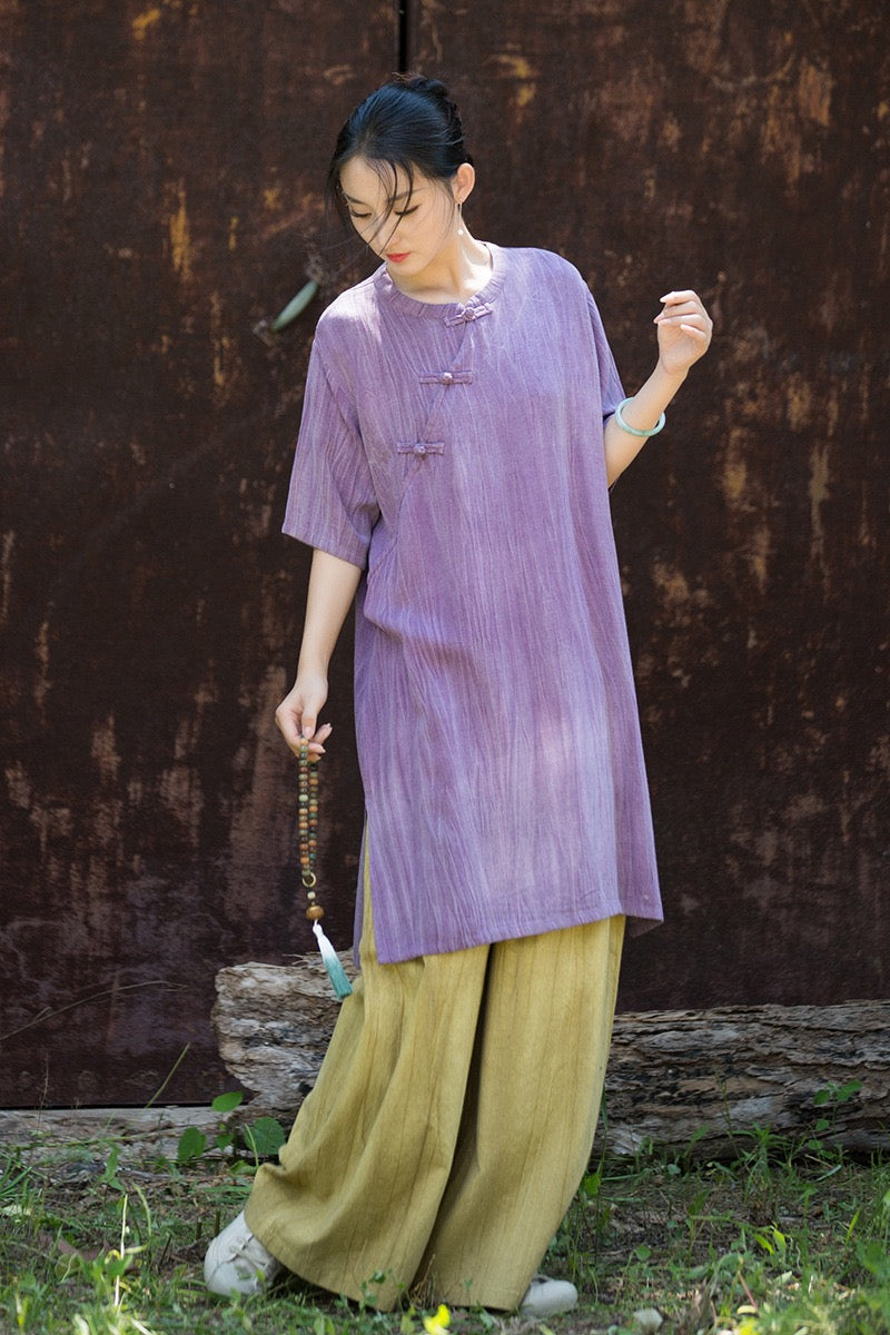 Tao One Tech™ • Zen Qigong Tea Cheongsam Robe Dress • Gradient Tie Dye • Sunscreen Layer • All Season Layer • Chinoiserie • Tencel Lyocell Linen