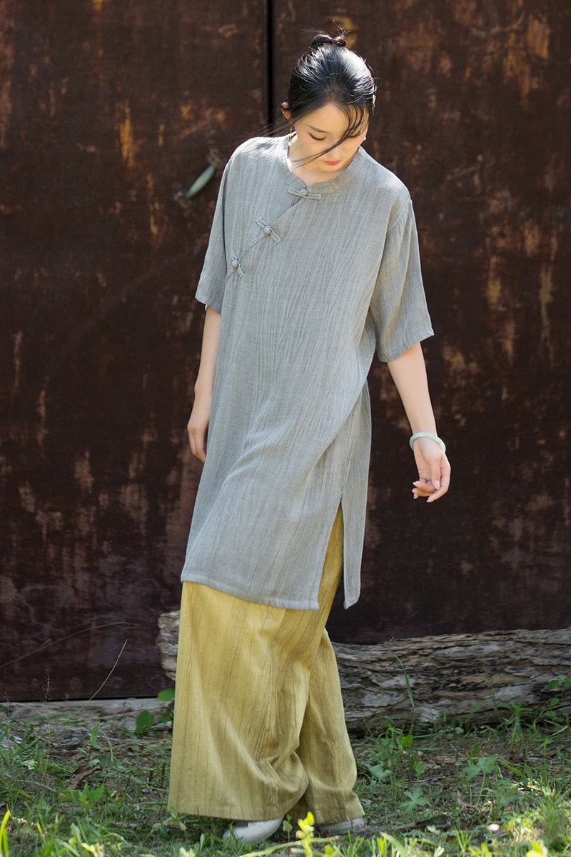 Tao One Tech™ • Zen Qigong Tea Cheongsam Robe Dress • Gradient Tie Dye • Sunscreen Layer • All Season Layer • Chinoiserie • Tencel Lyocell Linen