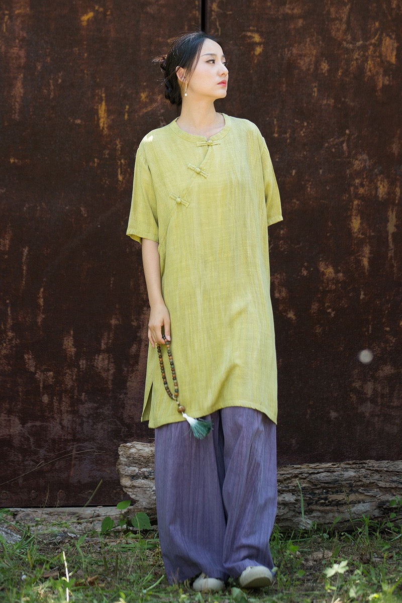 Tao One Tech™ • Zen Qigong Tea Cheongsam Robe Dress • Gradient Tie Dye • Sunscreen Layer • All Season Layer • Chinoiserie • Tencel Lyocell Linen
