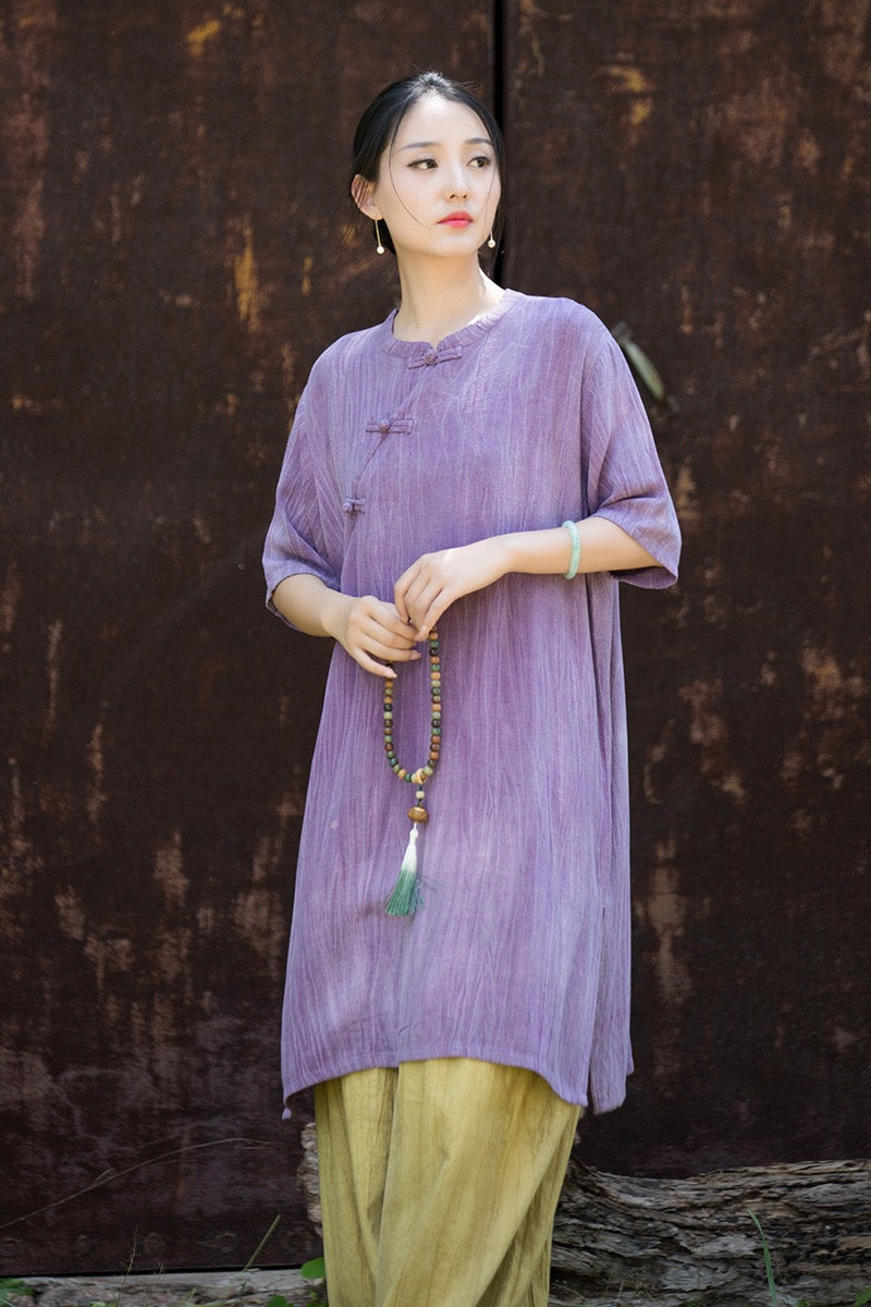 Tao One Tech™ • Zen Qigong Tea Cheongsam Robe Dress • Gradient Tie Dye • Sunscreen Layer • All Season Layer • Chinoiserie • Tencel Lyocell Linen
