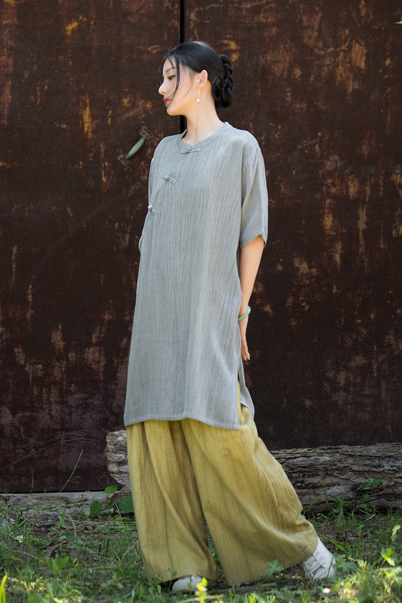 Tao One Tech™ • Zen Qigong Tea Cheongsam Robe Dress • Gradient Tie Dye • Sunscreen Layer • All Season Layer • Chinoiserie • Tencel Lyocell Linen
