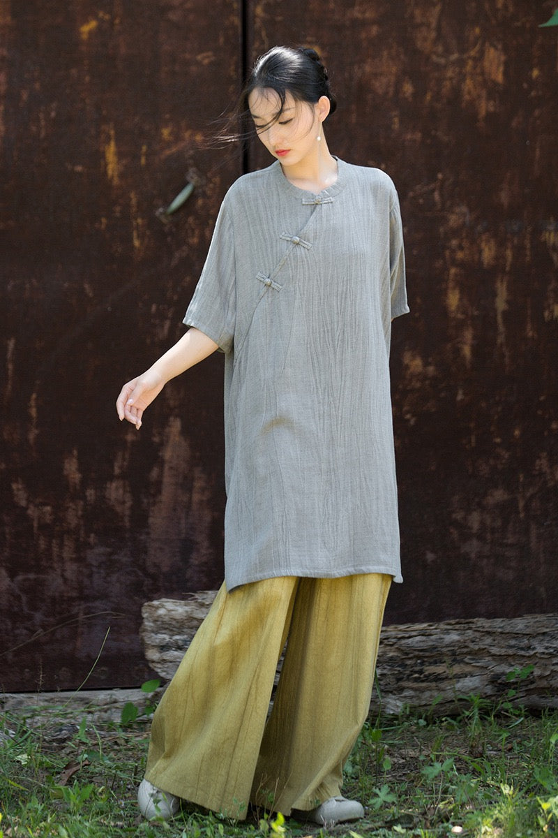 Tao One Tech™ • Zen Qigong Tea Cheongsam Robe Dress • Gradient Tie Dye • Sunscreen Layer • All Season Layer • Chinoiserie • Tencel Lyocell Linen