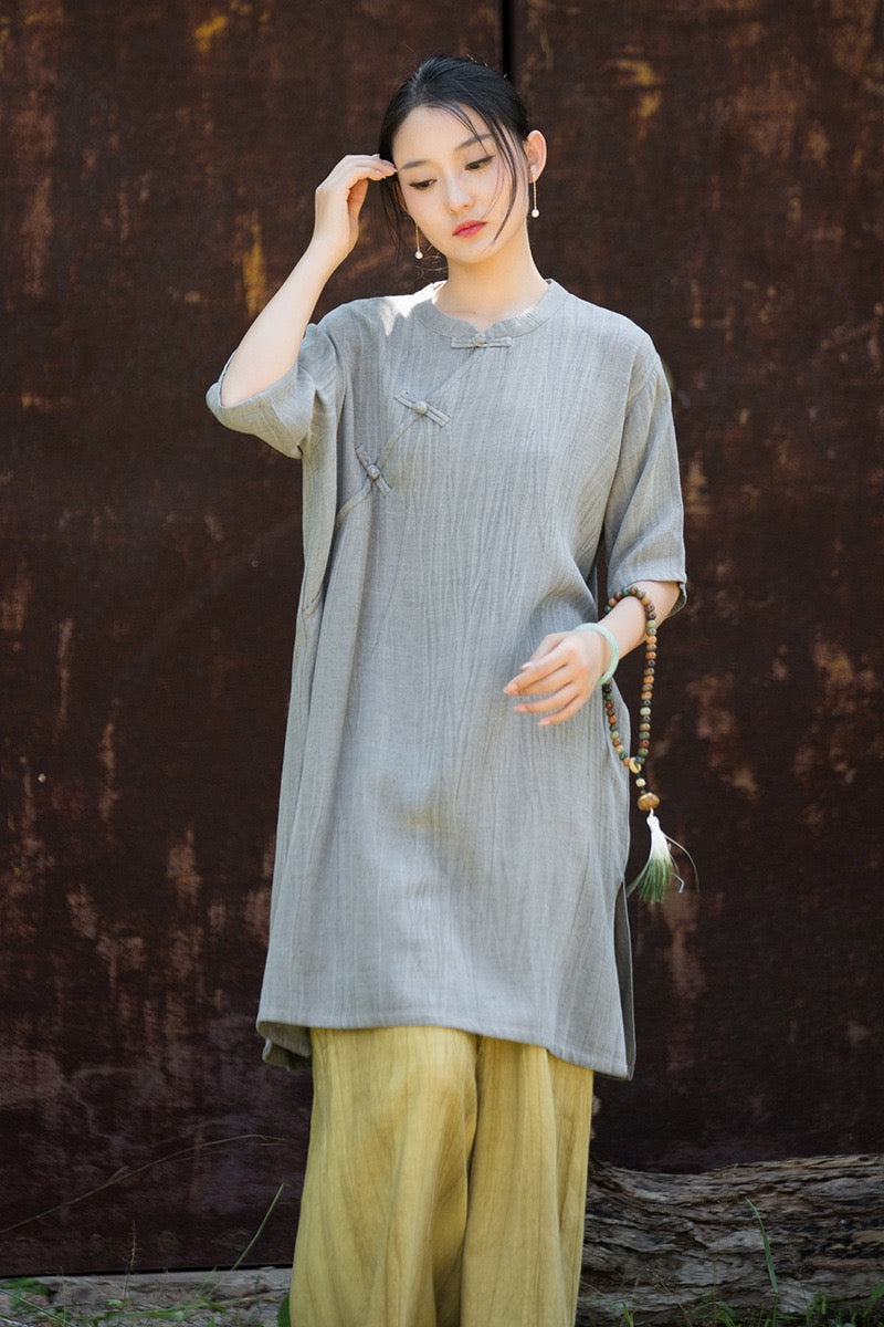 Tao One Tech™ • Zen Qigong Tea Cheongsam Robe Dress • Gradient Tie Dye • Sunscreen Layer • All Season Layer • Chinoiserie • Tencel Lyocell Linen