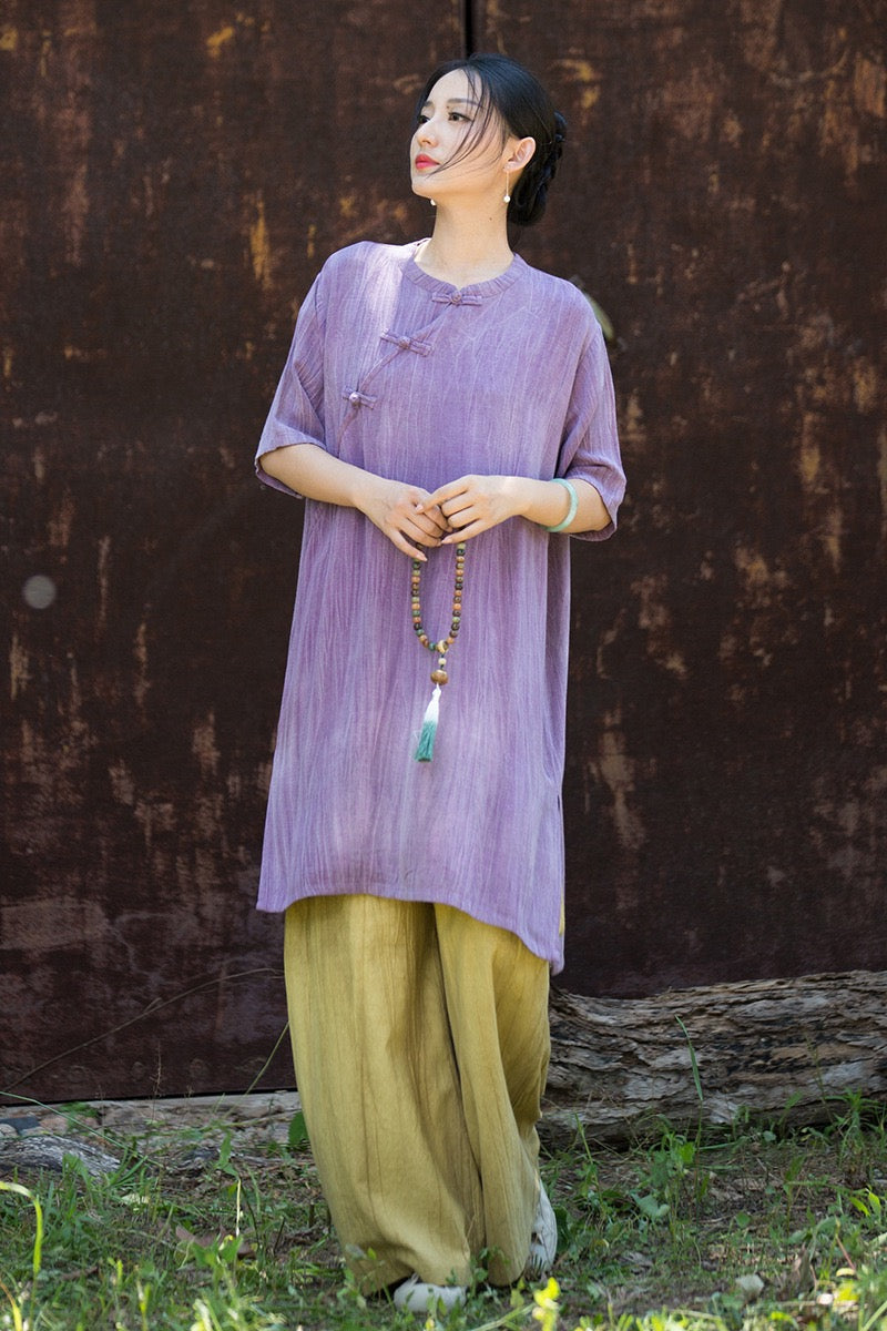Tao One Tech™ • Zen Qigong Tea Cheongsam Robe Dress • Gradient Tie Dye • Sunscreen Layer • All Season Layer • Chinoiserie • Tencel Lyocell Linen