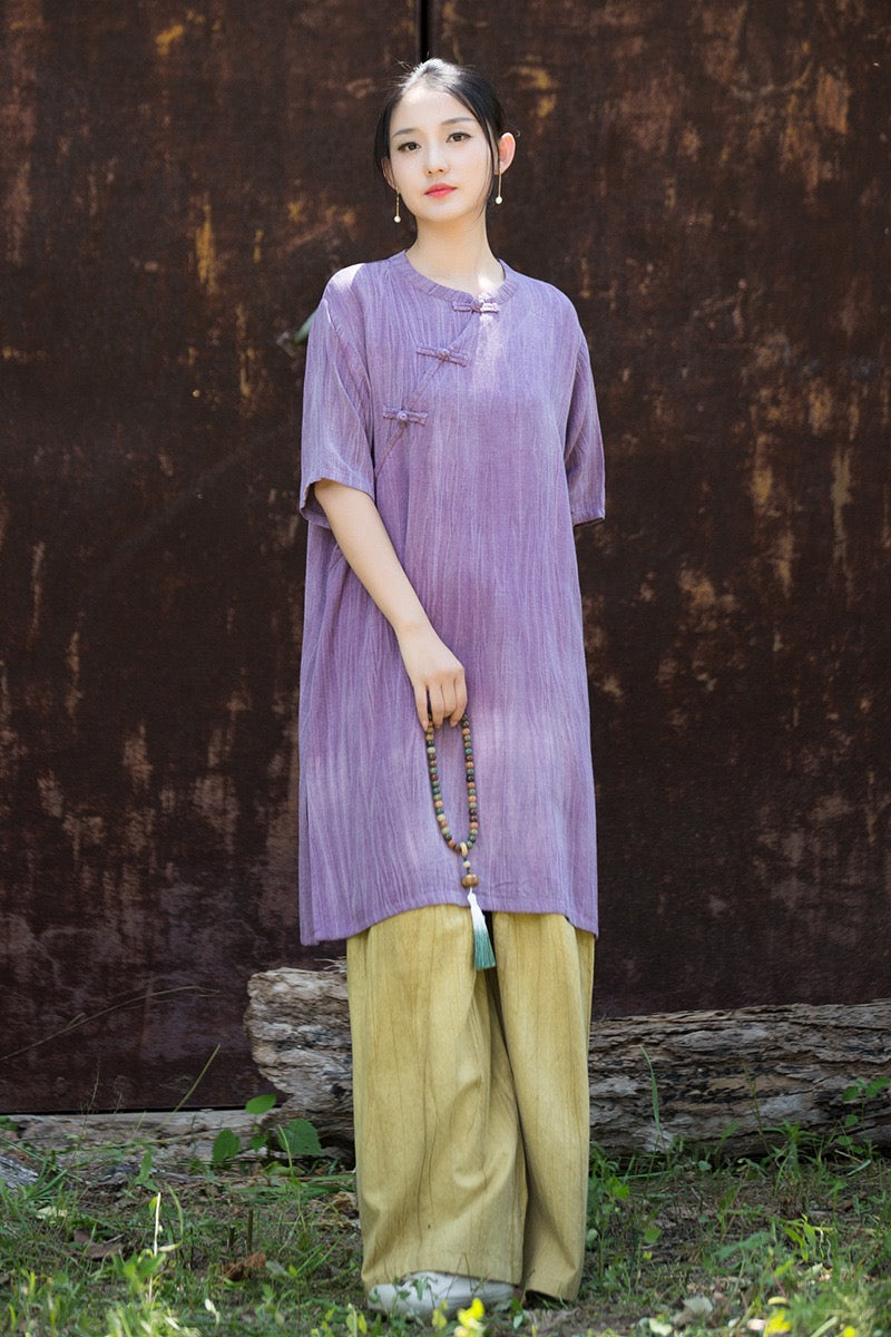 Tao One Tech™ • Zen Qigong Tea Cheongsam Robe Dress • Gradient Tie Dye • Sunscreen Layer • All Season Layer • Chinoiserie • Tencel Lyocell Linen