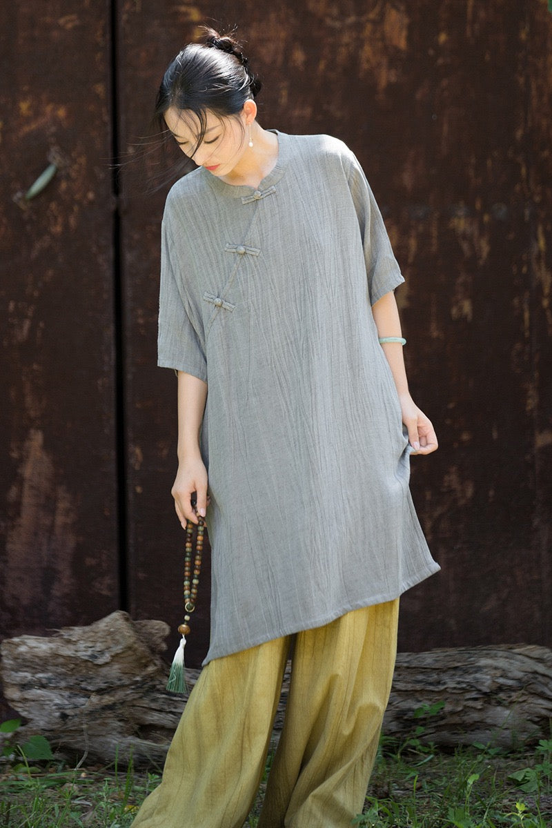 Tao One Tech™ • Zen Qigong Tea Cheongsam Robe Dress • Gradient Tie Dye • Sunscreen Layer • All Season Layer • Chinoiserie • Tencel Lyocell Linen