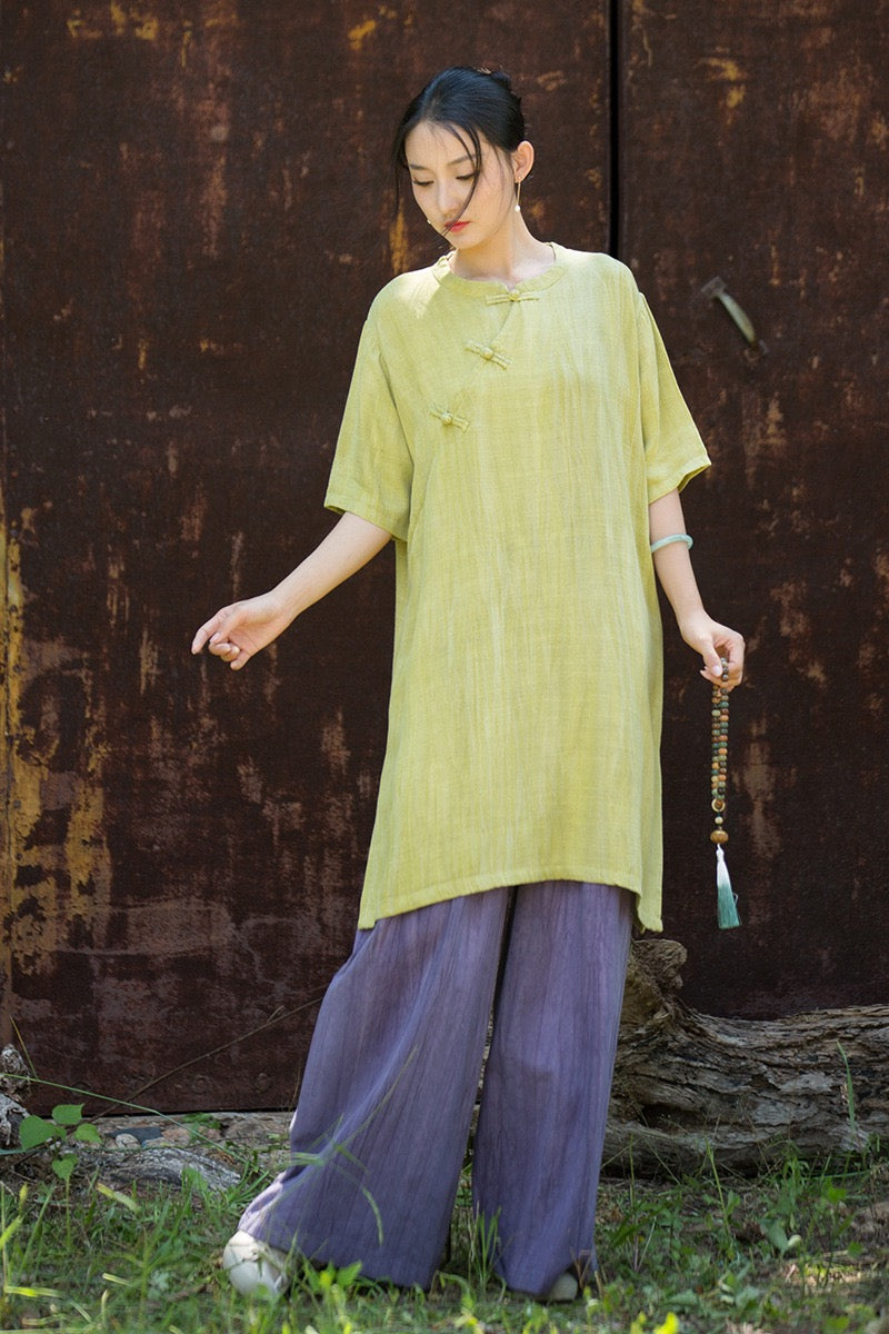 Tao One Tech™ • Zen Qigong Tea Cheongsam Robe Dress • Gradient Tie Dye • Sunscreen Layer • All Season Layer • Chinoiserie • Tencel Lyocell Linen