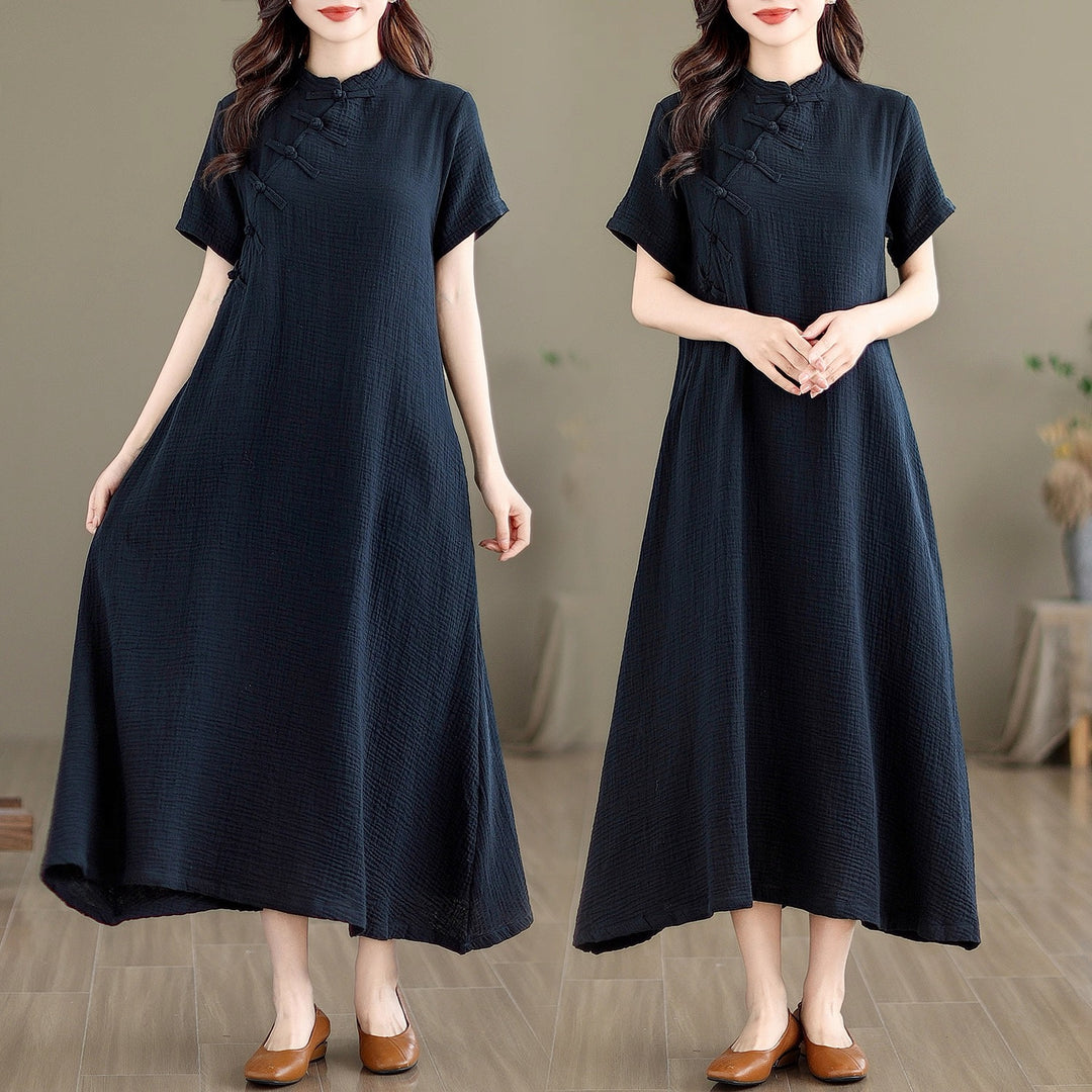 Tao One Tech™ • Zen Qigong Tea Qipao Dress • Cheongsam 旗袍 • Short-Sleeves • Tech Pockets • Cotton Blend • Sizes M-2XL