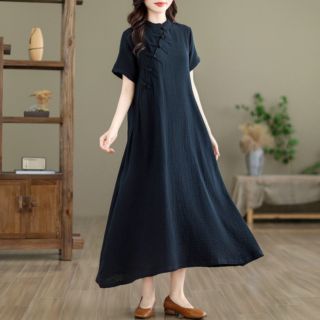 Tao One Tech™ • Zen Qigong Tea Qipao Dress • Cheongsam 旗袍 • Short-Sleeves • Tech Pockets • Cotton Blend • Sizes M-2XL