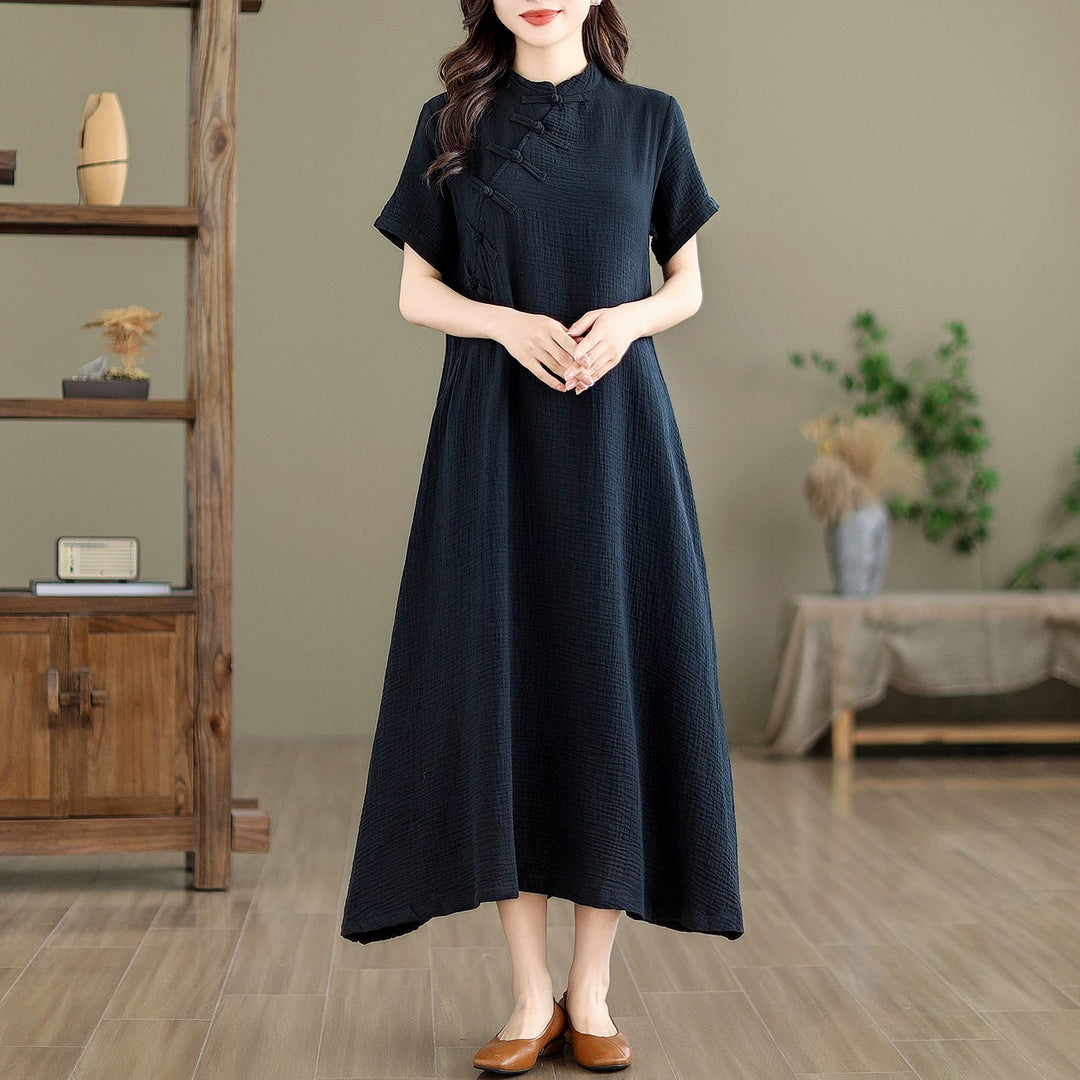 Tao One Tech™ • Zen Qigong Tea Qipao Dress • Cheongsam 旗袍 • Short-Sleeves • Tech Pockets • Cotton Blend • Sizes M-2XL