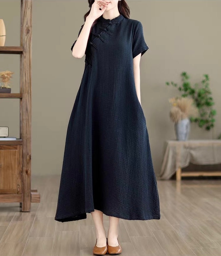 Tao One Tech™ • Zen Qigong Tea Qipao Dress • Cheongsam 旗袍 • Short-Sleeves • Tech Pockets • Cotton Blend • Sizes M-2XL