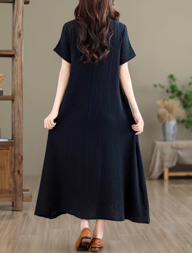 Tao One Tech™ • Zen Qigong Tea Qipao Dress • Cheongsam 旗袍 • Short-Sleeves • Tech Pockets • Cotton Blend • Sizes M-2XL