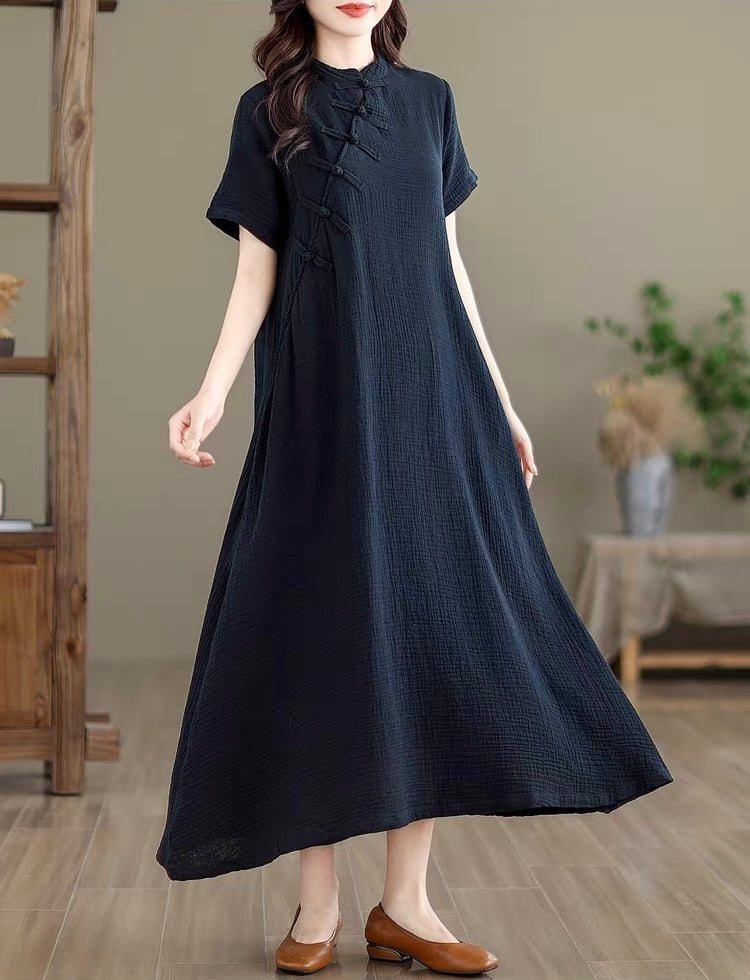 Tao One Tech™ • Zen Qigong Tea Qipao Dress • Cheongsam 旗袍 • Short-Sleeves • Tech Pockets • Cotton Blend • Sizes M-2XL