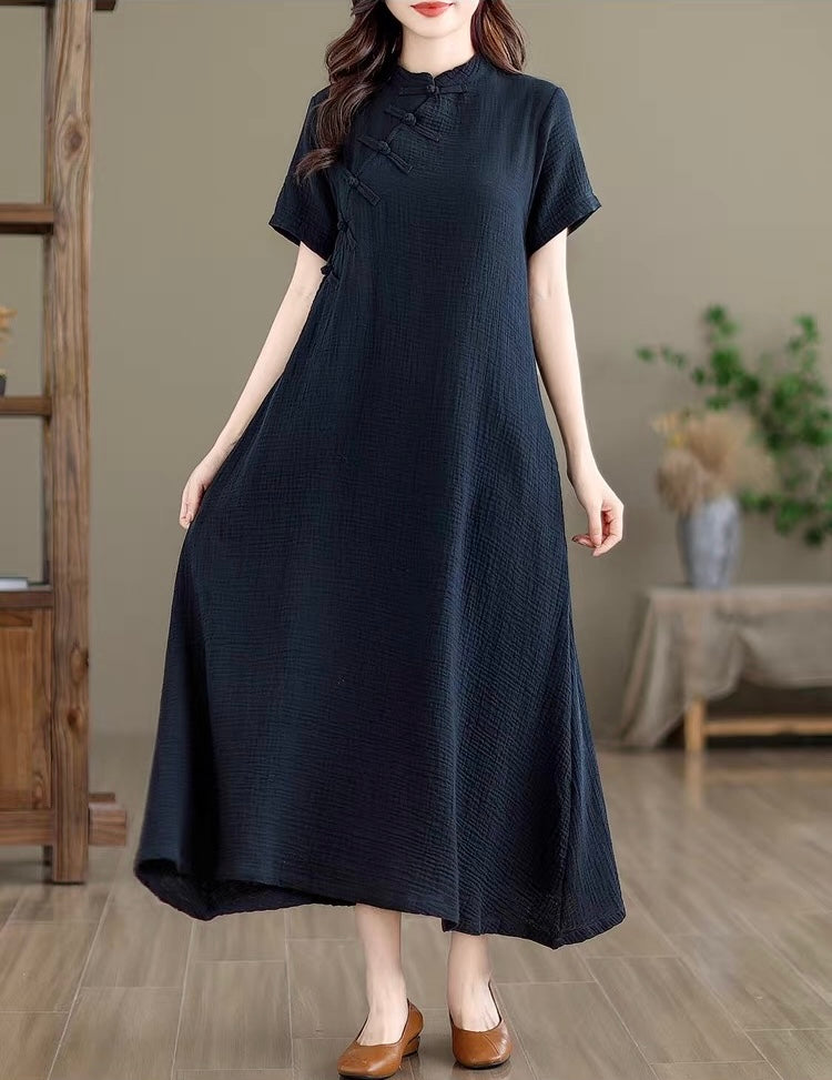 Tao One Tech™ • Zen Qigong Tea Qipao Dress • Cheongsam 旗袍 • Short-Sleeves • Tech Pockets • Cotton Blend • Sizes M-2XL