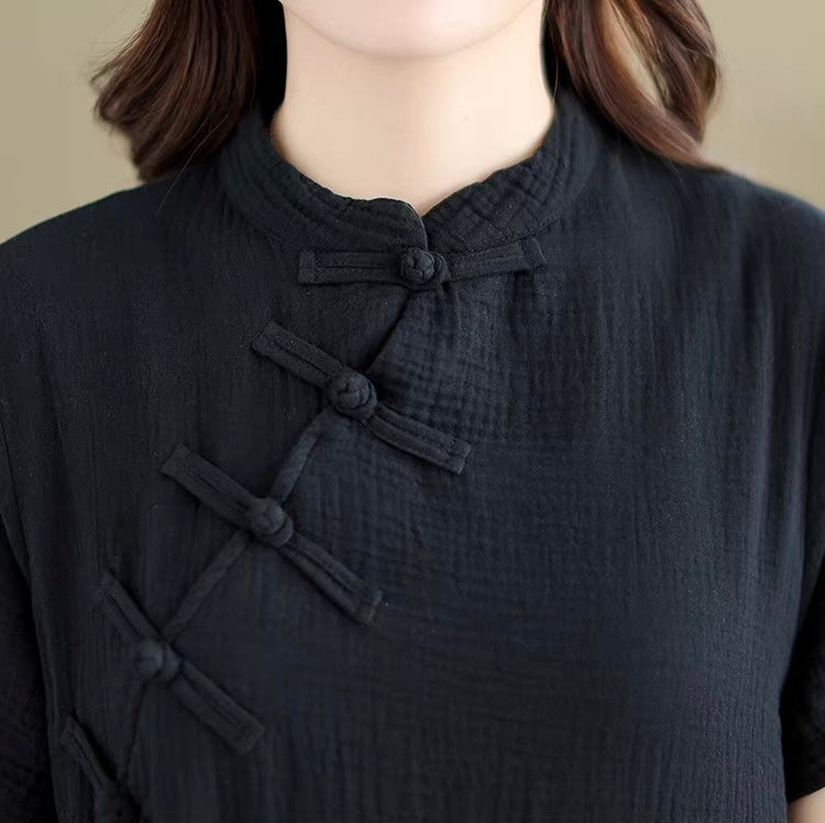 Tao One Tech™ • Zen Qigong Tea Qipao Dress • Cheongsam 旗袍 • Short-Sleeves • Tech Pockets • Cotton Blend • Sizes M-2XL