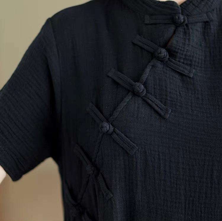 Tao One Tech™ • Zen Qigong Tea Qipao Dress • Cheongsam 旗袍 • Short-Sleeves • Tech Pockets • Cotton Blend • Sizes M-2XL