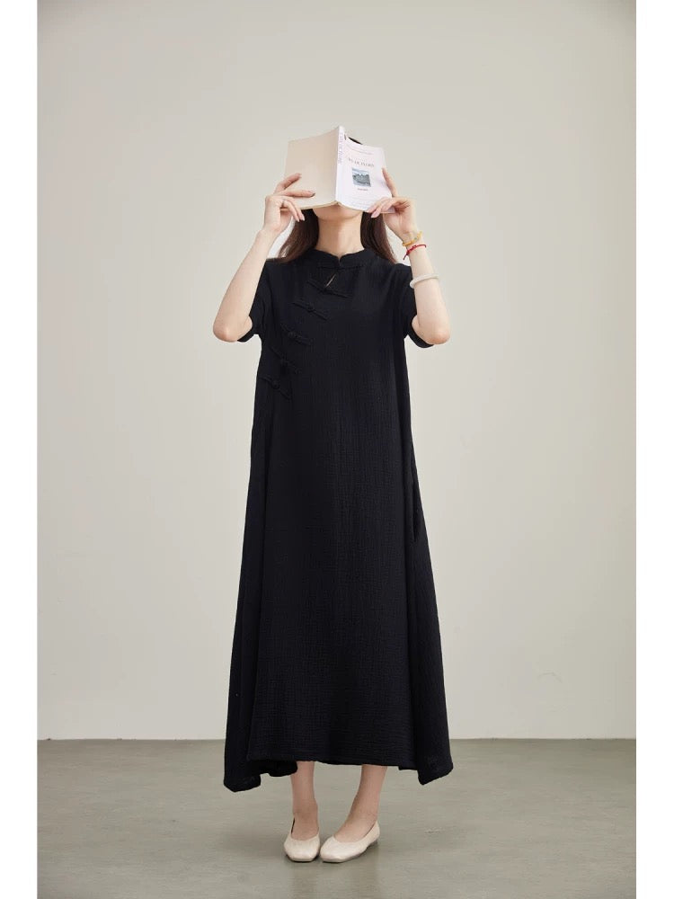 Tao One Tech™ • Zen Elegance Qigong Tea Qipao Dress • Cheongsam 旗袍 • Short-Sleeves • Tech Pockets • Premium Cotton Linen