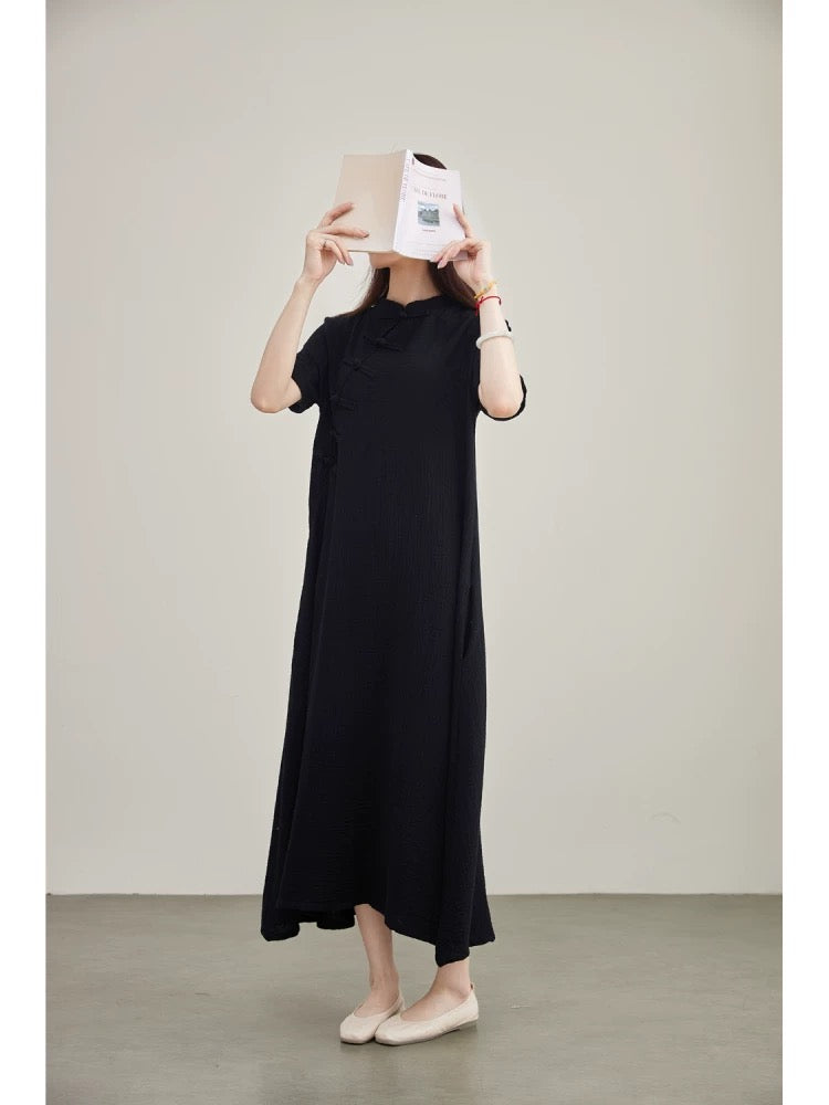 Tao One Tech™ • Zen Elegance Qigong Tea Qipao Dress • Cheongsam 旗袍 • Short-Sleeves • Tech Pockets • Premium Cotton Linen