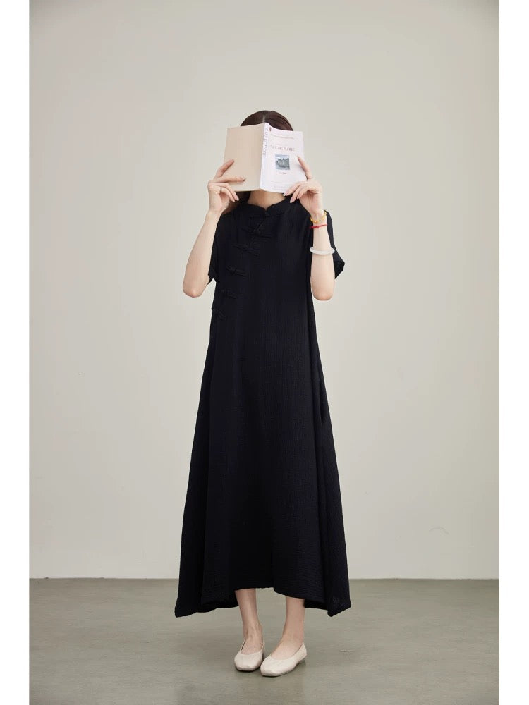 Tao One Tech™ • Zen Elegance Qigong Tea Qipao Dress • Cheongsam 旗袍 • Short-Sleeves • Tech Pockets • Premium Cotton Linen