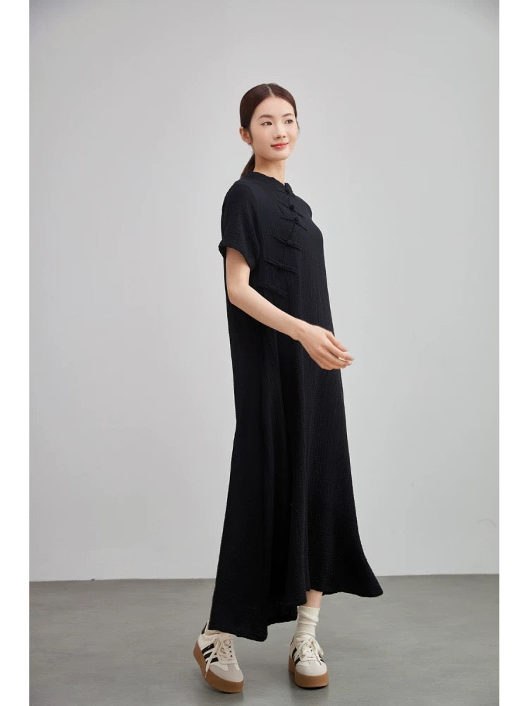 Tao One Tech™ • Zen Elegance Qigong Tea Qipao Dress • Cheongsam 旗袍 • Short-Sleeves • Tech Pockets • Premium Cotton Linen