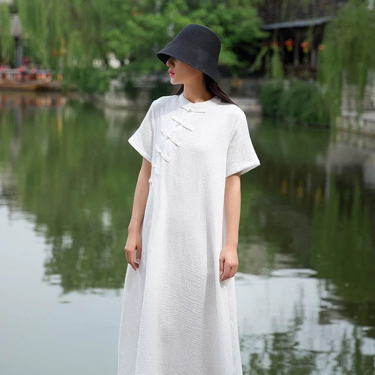 Tao One Tech™ • Zen Elegance Qigong Tea Qipao Dress • Cheongsam 旗袍 • Short-Sleeves • Tech Pockets • Premium Cotton Linen