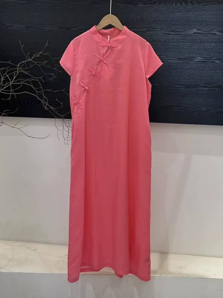 Tao One Tech™ • Zen Elegance Qigong Tea Qipao Dress • Cheongsam 旗袍 • Short-Sleeves • Tech Pockets • Sunscreen Layer • Premium Pure Ramie