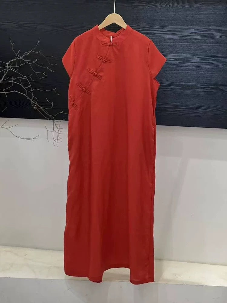 Tao One Tech™ • Zen Elegance Qigong Tea Qipao Dress • Cheongsam 旗袍 • Short-Sleeves • Tech Pockets • Sunscreen Layer • Premium Pure Ramie