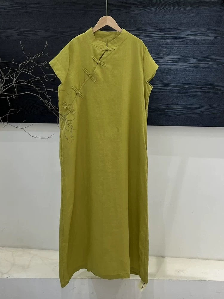 Tao One Tech™ • Zen Elegance Qigong Tea Qipao Dress • Cheongsam 旗袍 • Short-Sleeves • Tech Pockets • Sunscreen Layer • Premium Pure Ramie