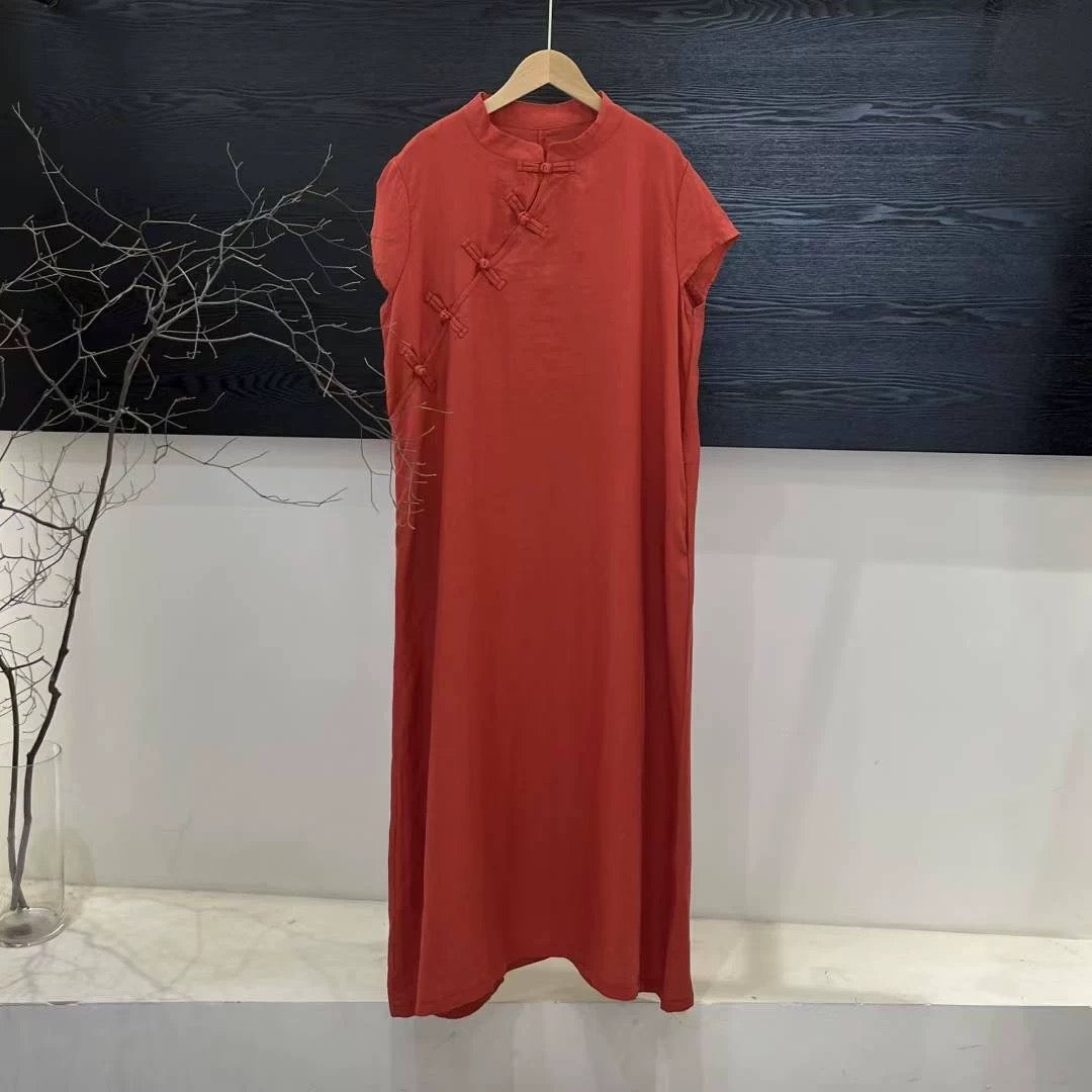 Tao One Tech™ • Zen Elegance Qigong Tea Qipao Dress • Cheongsam 旗袍 • Short-Sleeves • Tech Pockets • Sunscreen Layer • Premium Pure Ramie