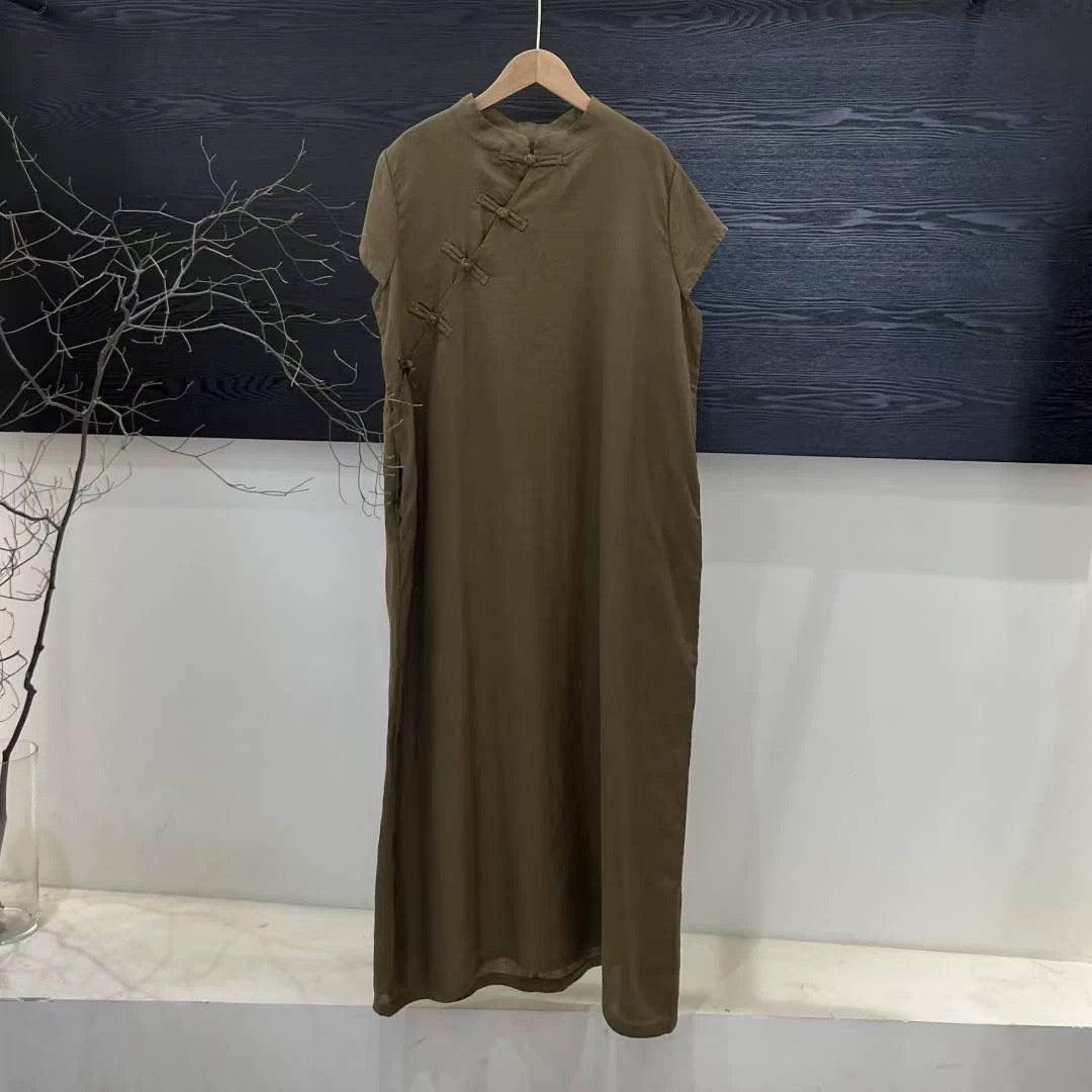 Tao One Tech™ • Zen Elegance Qigong Tea Qipao Dress • Cheongsam 旗袍 • Short-Sleeves • Tech Pockets • Sunscreen Layer • Premium Pure Ramie