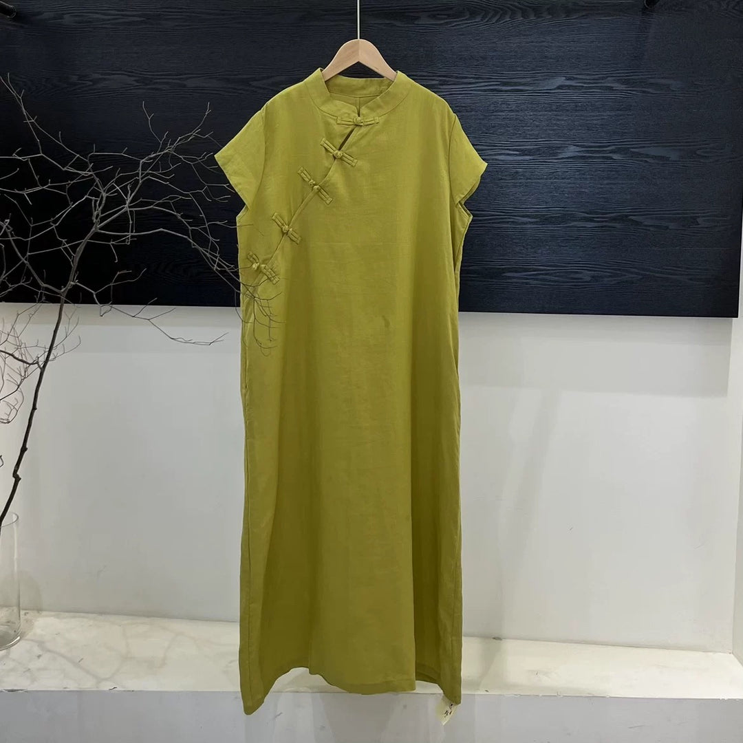 Tao One Tech™ • Zen Elegance Qigong Tea Qipao Dress • Cheongsam 旗袍 • Short-Sleeves • Tech Pockets • Sunscreen Layer • Premium Pure Ramie