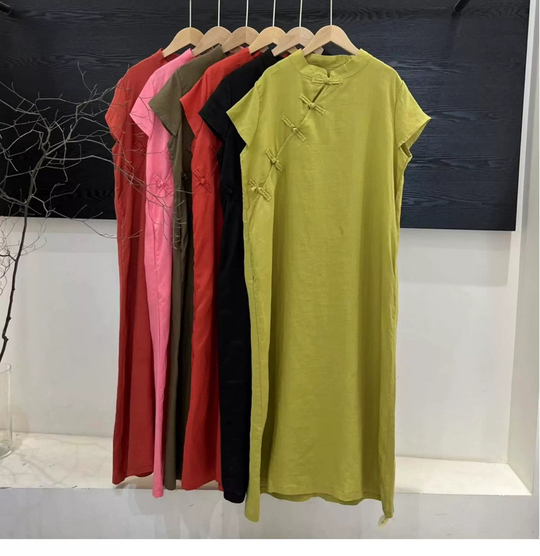 Tao One Tech™ • Zen Elegance Qigong Tea Qipao Dress • Cheongsam 旗袍 • Short-Sleeves • Tech Pockets • Sunscreen Layer • Premium Pure Ramie