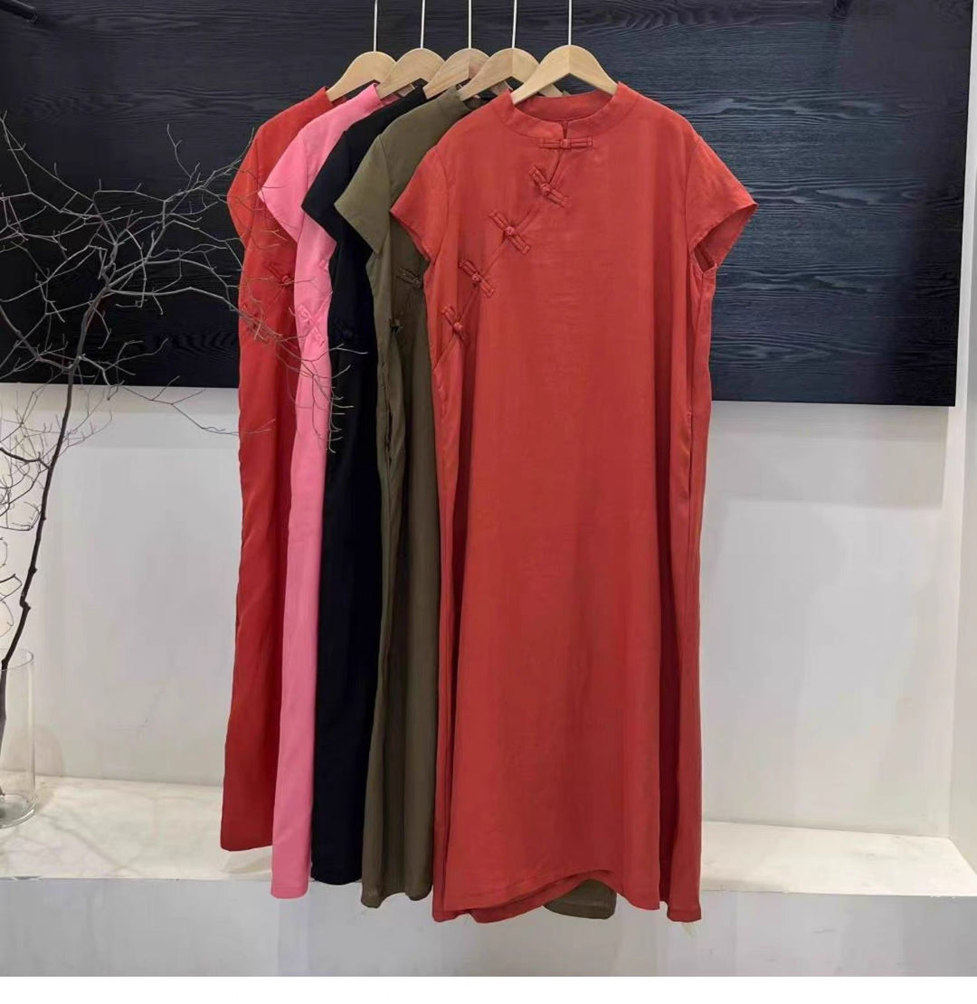 Tao One Tech™ • Zen Elegance Qigong Tea Qipao Dress • Cheongsam 旗袍 • Short-Sleeves • Tech Pockets • Sunscreen Layer • Premium Pure Ramie