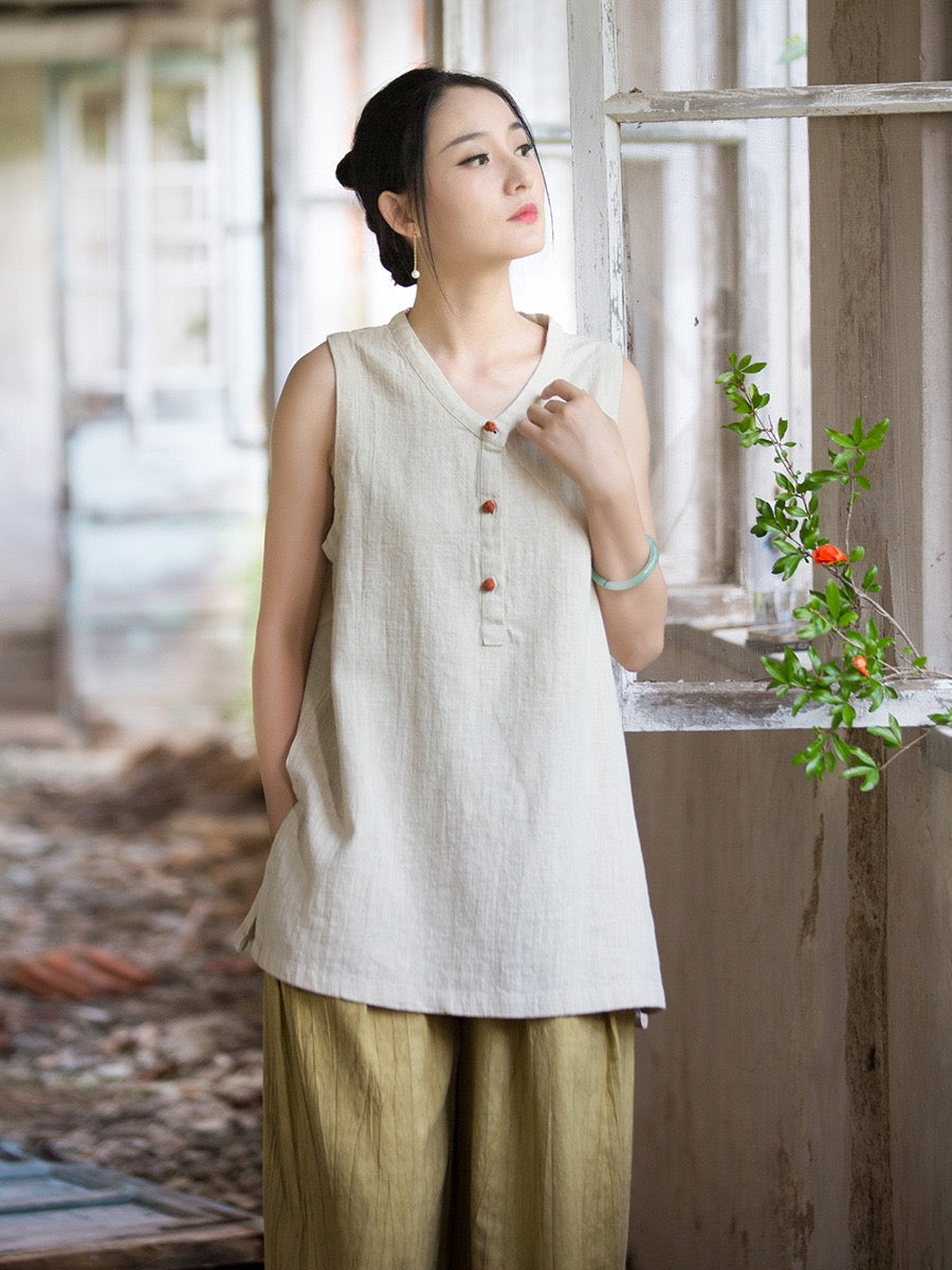 Tao One Tech™ • Zen Qigong Tea Tank Top • All Season Layer • Chinoiserie • Ramie Cotton
