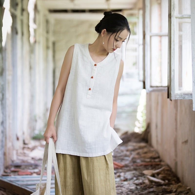 Tao One Tech™ • Zen Qigong Tea Tank Top • All Season Layer • Chinoiserie • Ramie Cotton