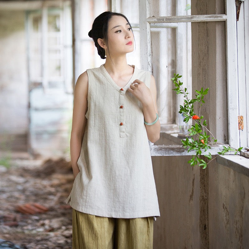 Tao One Tech™ • Zen Qigong Tea Tank Top • All Season Layer • Chinoiserie • Ramie Cotton
