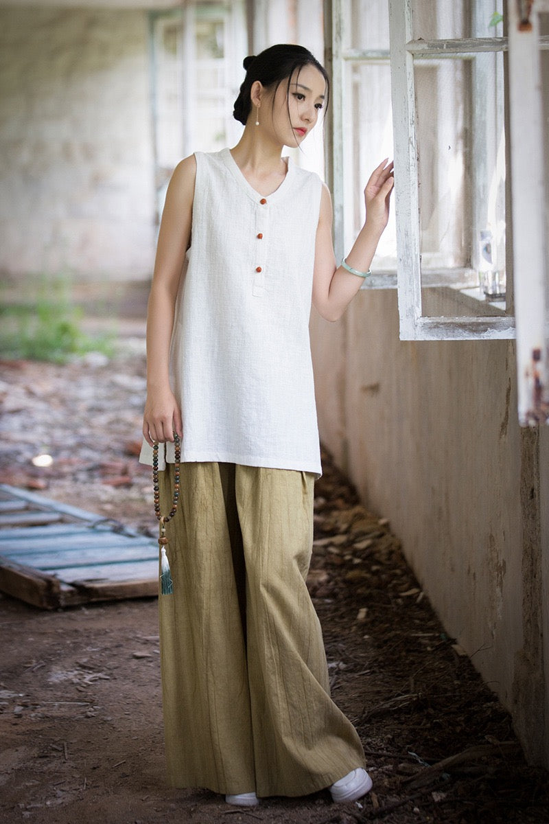 Tao One Tech™ • Zen Qigong Tea Tank Top • All Season Layer • Chinoiserie • Ramie Cotton
