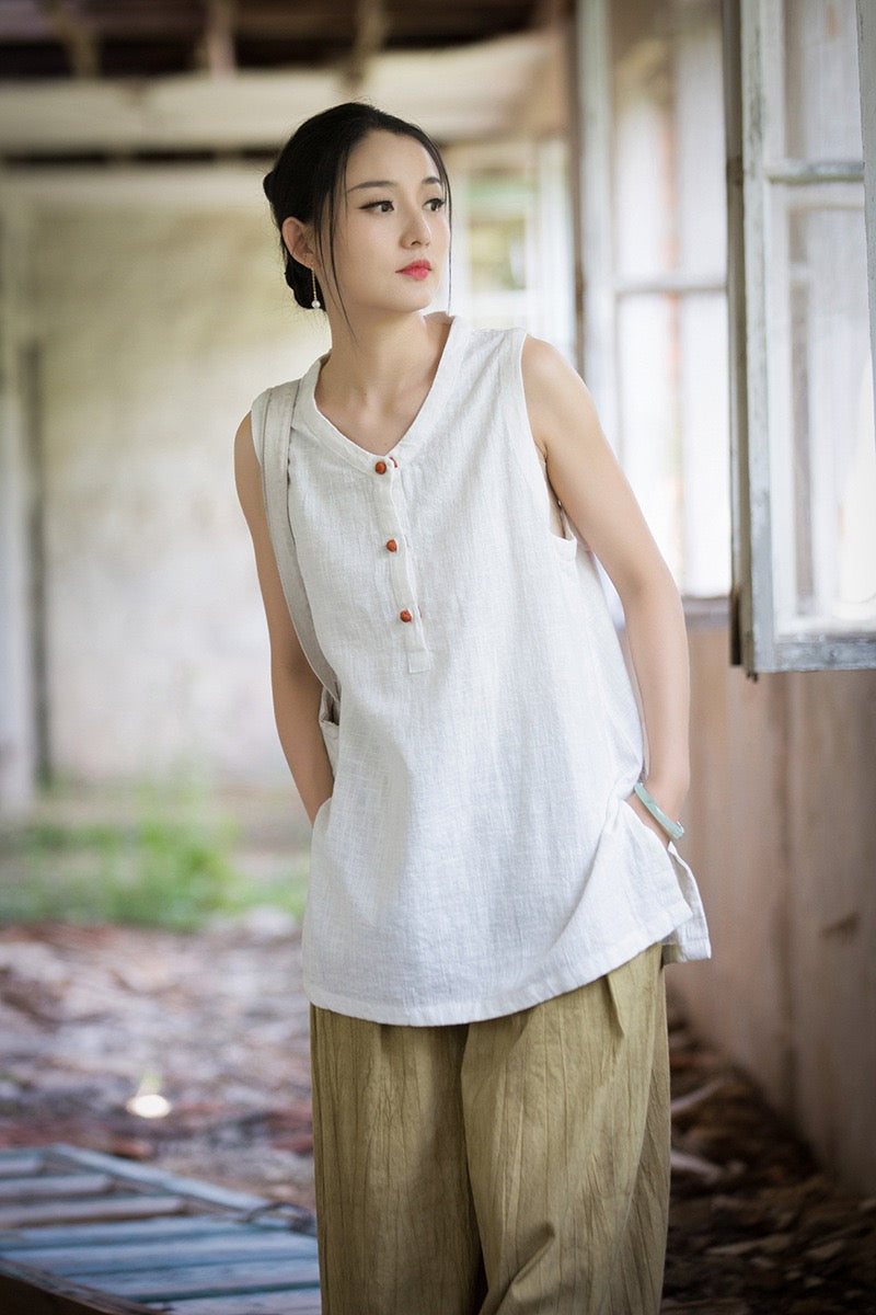 Tao One Tech™ • Zen Qigong Tea Tank Top • All Season Layer • Chinoiserie • Ramie Cotton