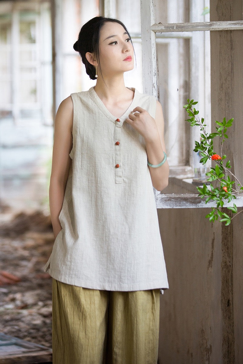 Tao One Tech™ • Zen Qigong Tea Tank Top • All Season Layer • Chinoiserie • Ramie Cotton