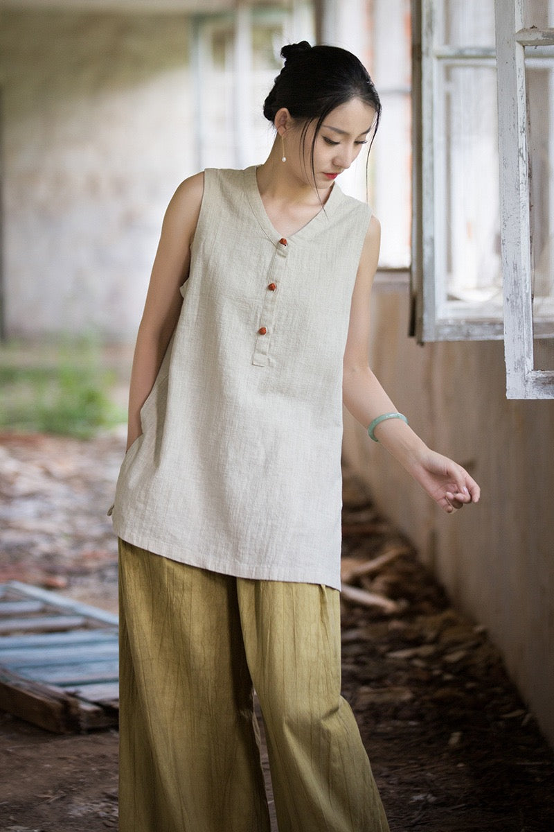 Tao One Tech™ • Zen Qigong Tea Tank Top • All Season Layer • Chinoiserie • Ramie Cotton
