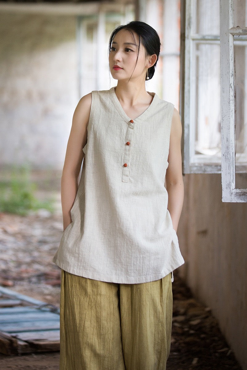 Tao One Tech™ • Zen Qigong Tea Tank Top • All Season Layer • Chinoiserie • Ramie Cotton